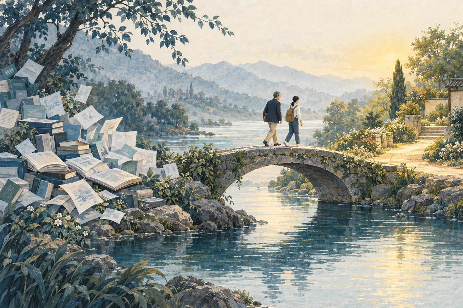 兩人並肩走過石橋，從散落書本與資訊的河岸，走向有光的小徑，象徵透過理解與信任找到下一步；AI 概念插圖