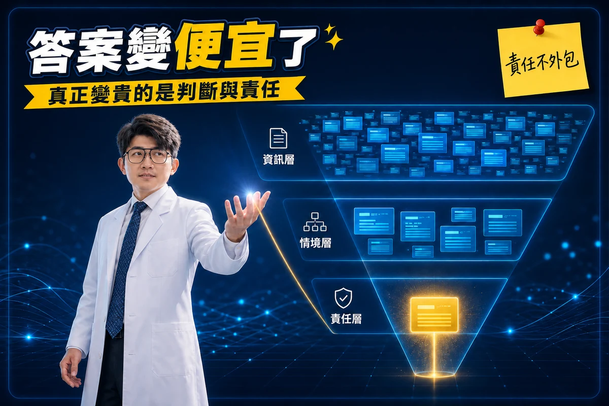 深藍色科技風主視覺：一位穿白袍、戴粗黑方框眼鏡的男醫師站在畫面左側，右手向前伸出，面前是一個由上而下逐層收斂的三層漏斗——最上層「資訊層」擠滿密密麻麻的藍色資訊卡，中層「情境層」卡片變少變大、開始有秩序，最下層「責任層」只剩一張金色發光的卡片，並有一道光線從那張金卡連回醫師的手掌。標題寫著「答案變便宜了」與「真正變貴的是判斷與責任」，右上角便利貼寫著「責任不外包」