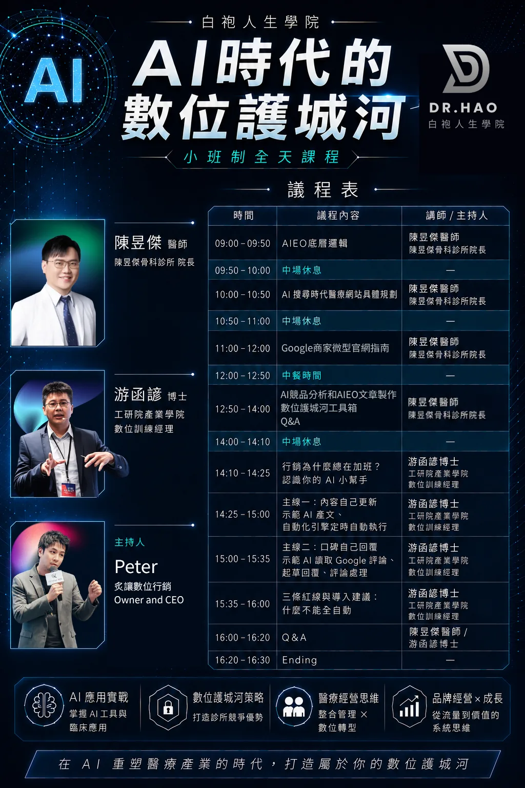 白袍人生學院 AI 時代的數位護城河小班制全天課程議程表，上午由陳昱傑醫師講授 AIEO 底層邏輯、AI 搜尋時代醫療網站規劃與 Google 商家微型官網指南，下午由游函諺博士講授行銷自動化與 AI 讀取評論回覆