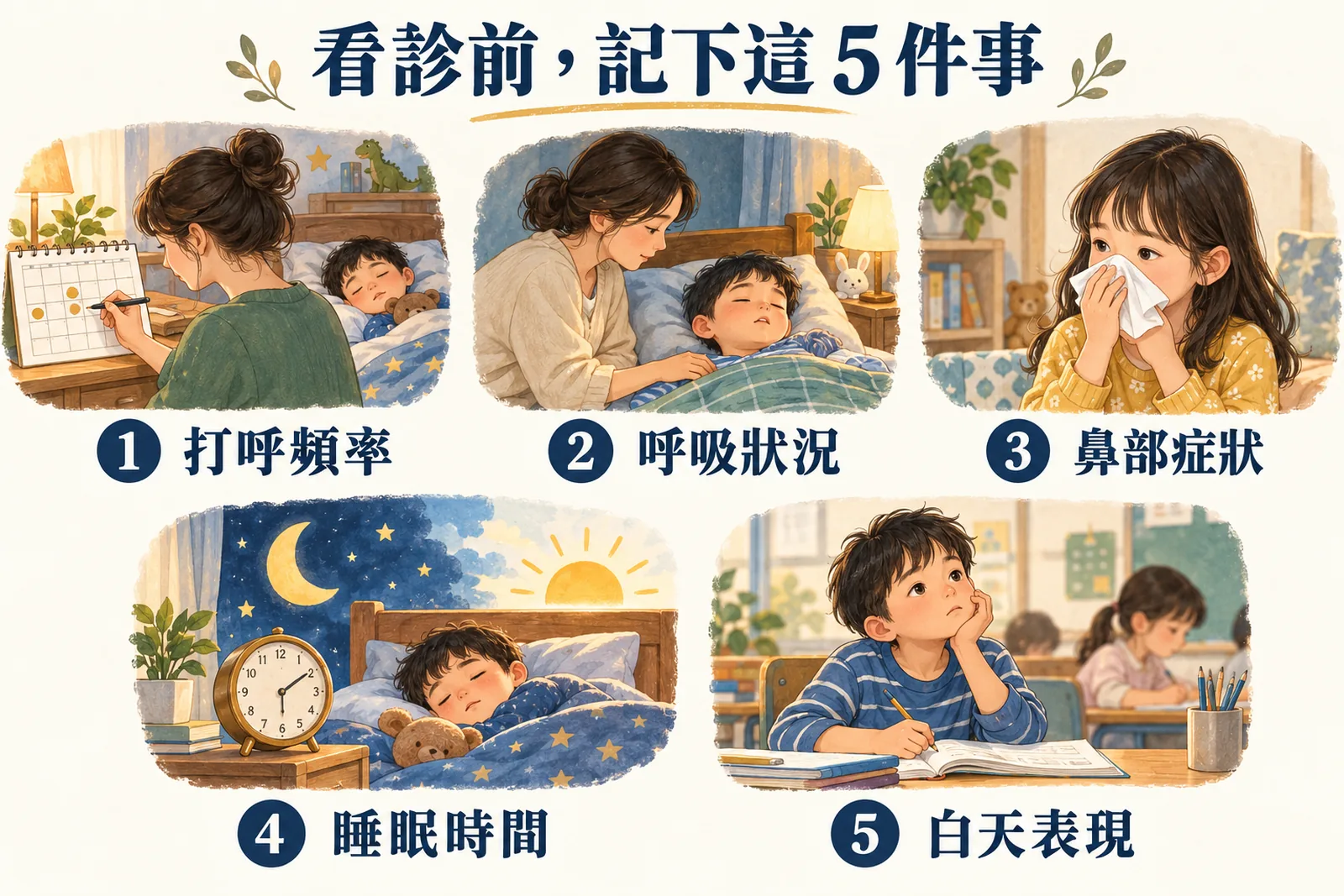 插圖：家長看診前記下五件事的示意圖，分別是打呼頻率、呼吸狀況、鼻部症狀、睡眠時間、白天表現