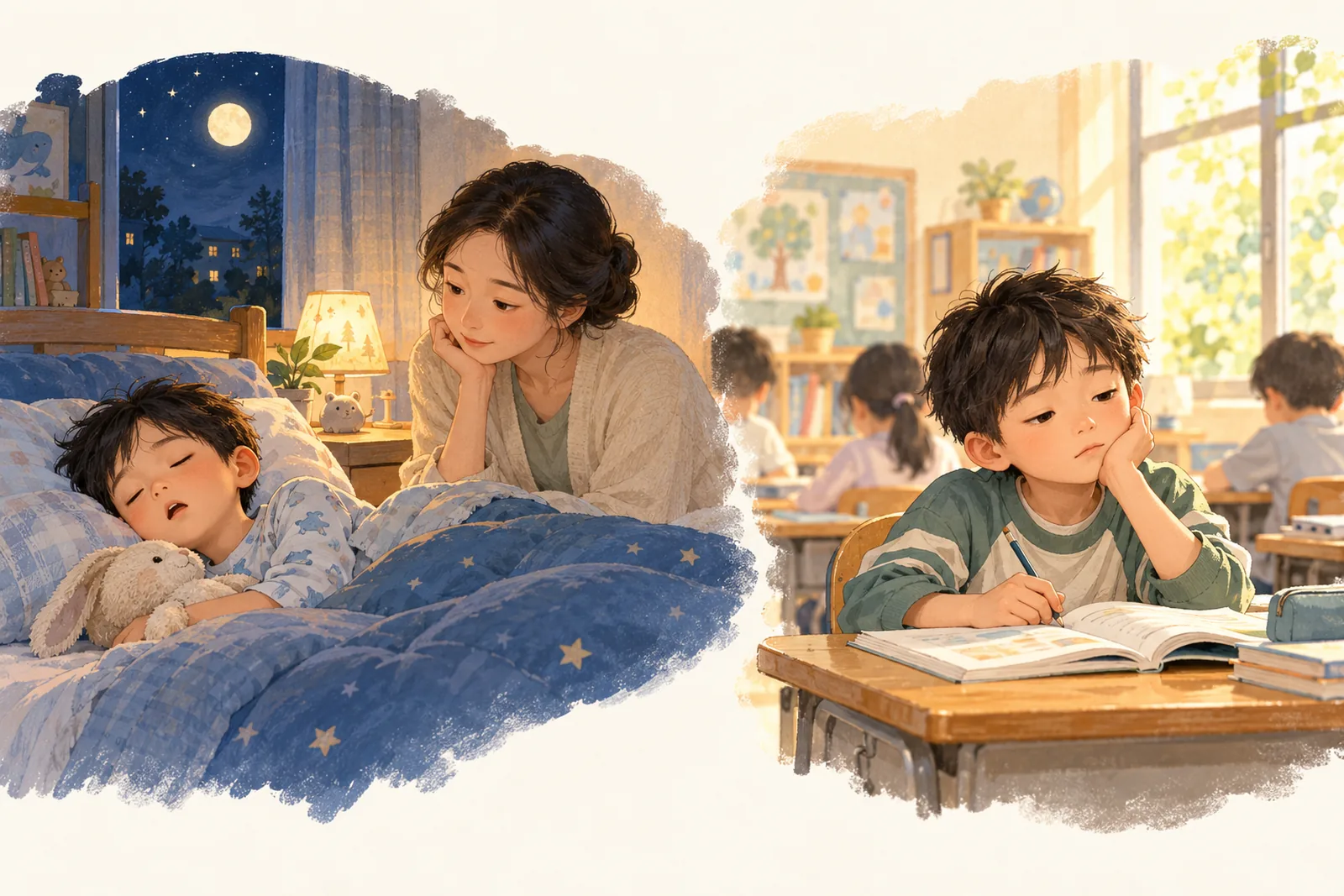 插圖：左側是家長在夜裡觀察睡著的孩子，右側是同一個孩子白天在課堂上精神不濟、托著臉頰的樣子