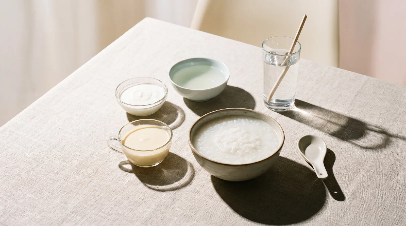 亞麻桌巾上擺著白粥、布丁、原味優格、一碗清湯，以及插著紙吸管的一杯水，都是扁桃腺術後適合的軟質溫涼飲食