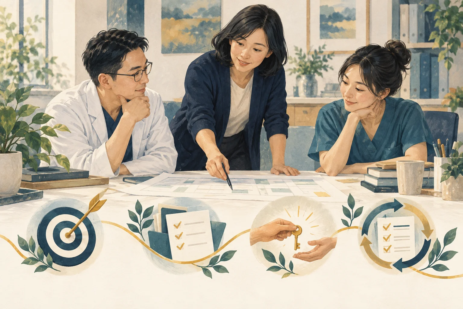 概念插畫：診所同仁共同討論工作計畫，以目標、清單、鑰匙與回饋箭頭象徵完整交接