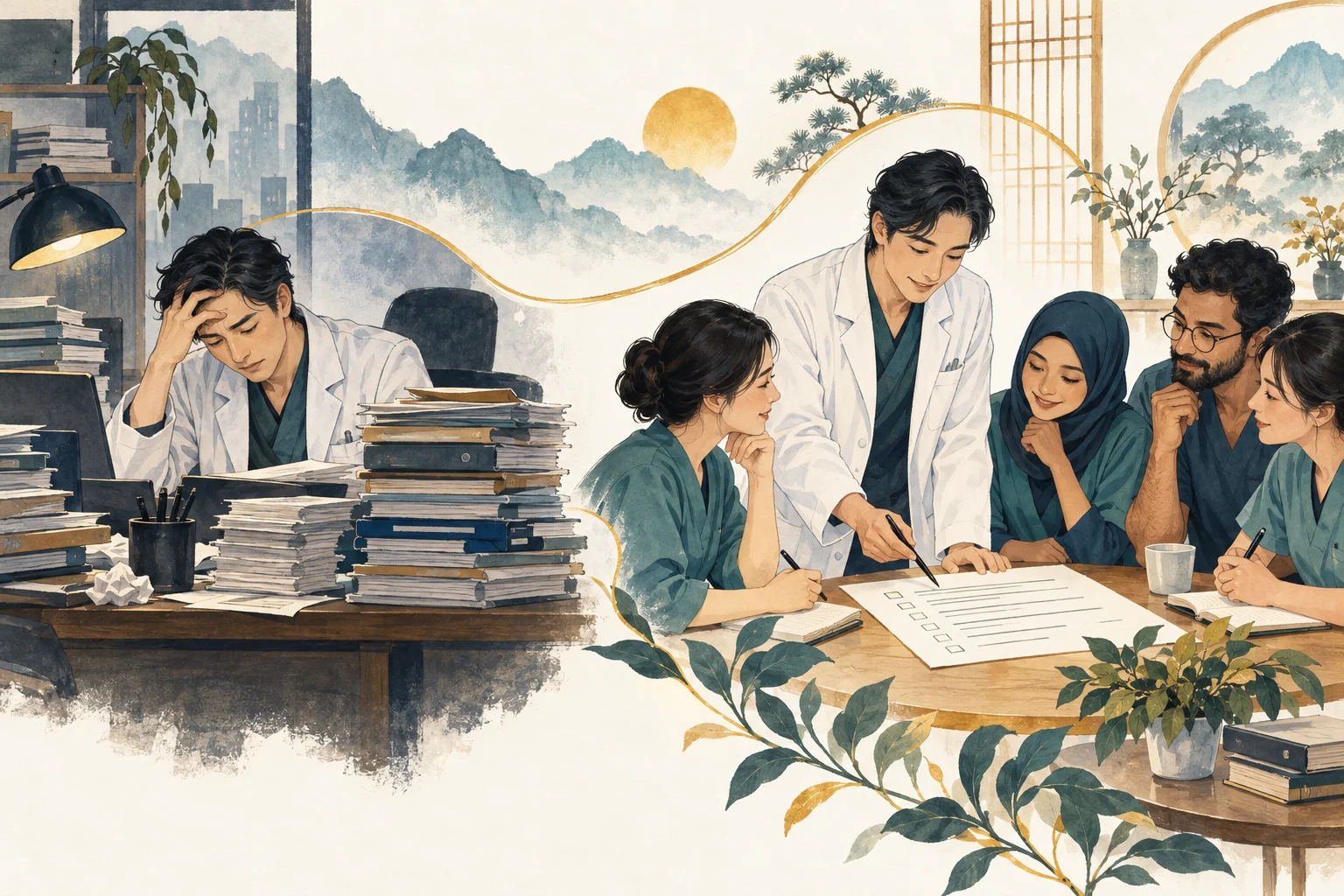 概念插畫：醫師從獨自處理行政工作，走向與診所團隊分享工作方法
