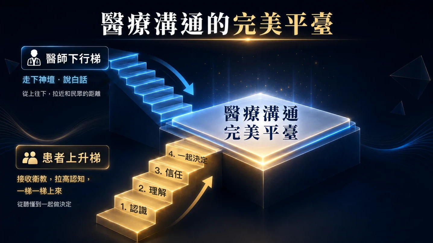 醫療溝通的完美平臺概念圖：藍色的醫師下行梯寫著走下神壇、說白話，從上往下，拉近和民眾的距離；金色的患者上升梯寫著接收衛教、拉高認知，四階依序是認識、理解、信任、一起決定；兩道階梯在中央的醫療溝通平臺相遇。