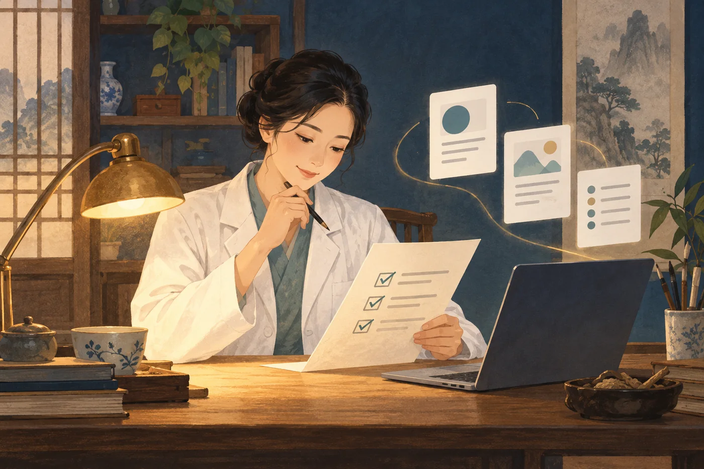 原創概念插圖：醫師在筆電旁核對文件，表達 AI 協助整理、由人確認最後內容