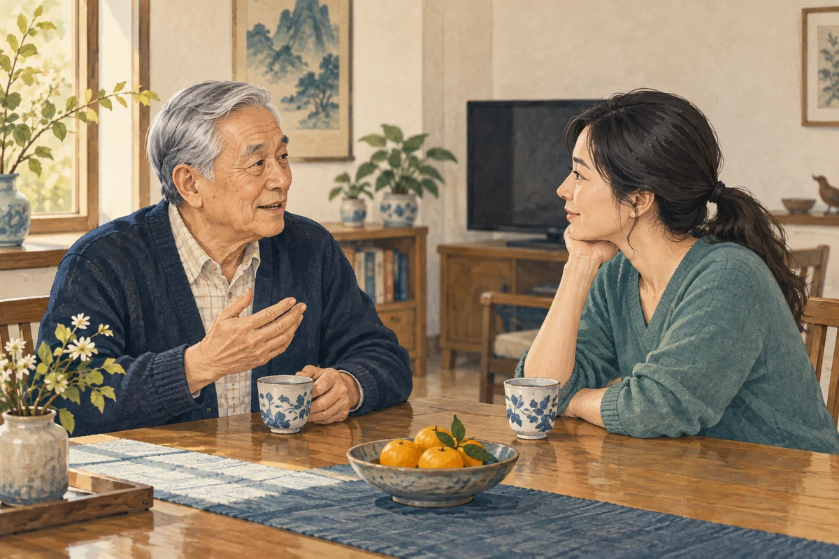 父親與成年女兒在安靜、光線充足的客廳面對面聊天，彼此專注回應