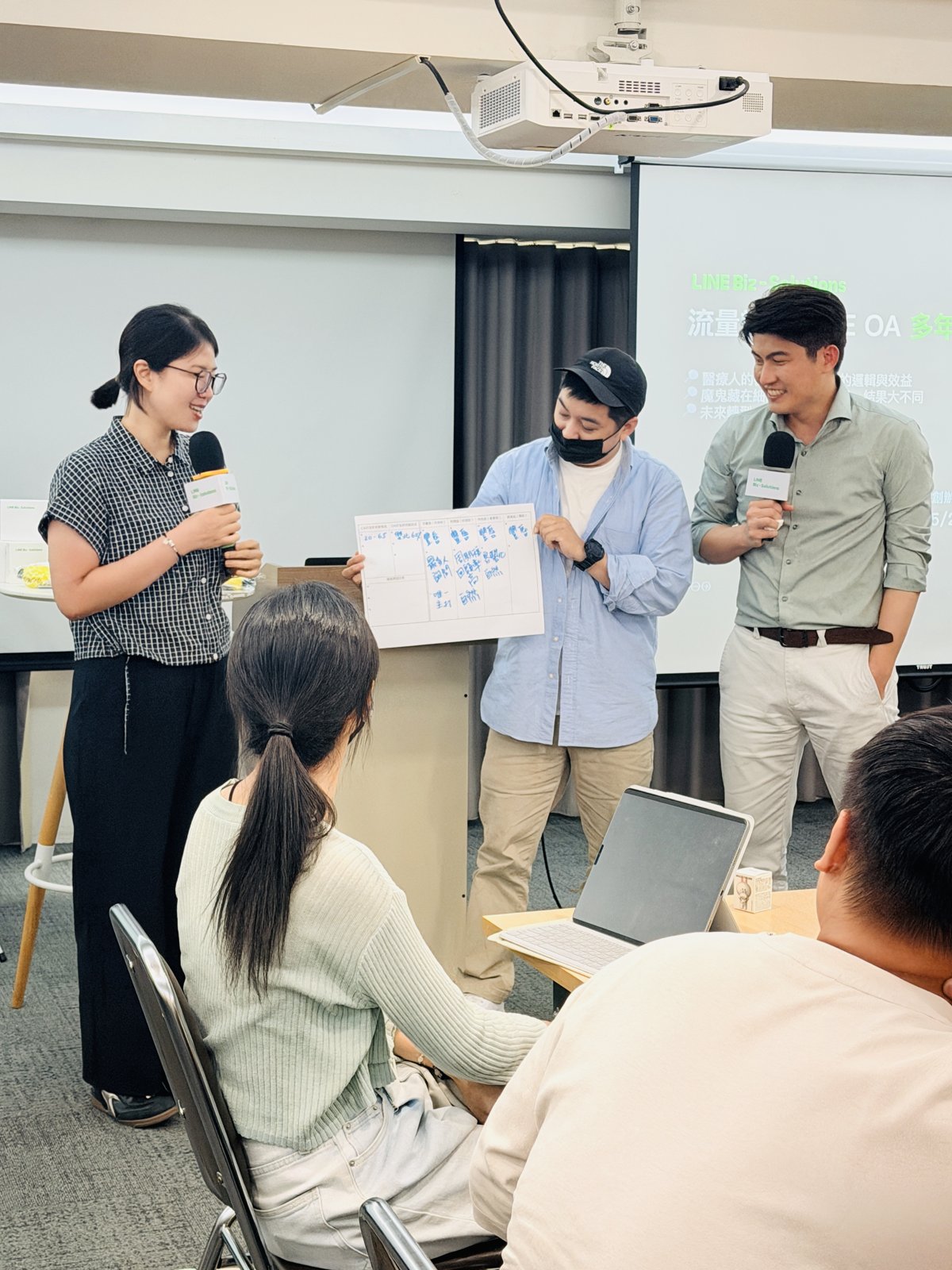 2026 年小聚後半段分組討論後上台分享，張益豪醫師持麥克風與兩位參與者一同站在台前，參與者手持寫滿討論結果的海報紙