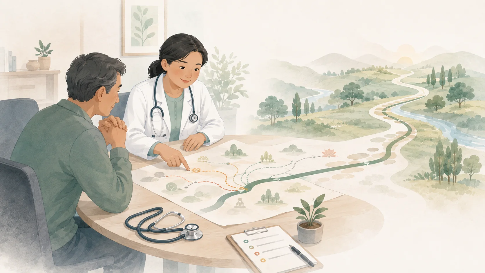 醫師陪病人辨認前方路徑的 AI 概念插圖