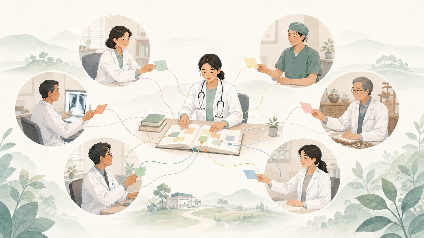 柔和插圖：多位不同科別醫師以紙條與線條匯入中央書本，象徵跨領域醫療專業者共同提供醫療 AI 觀點並形成可被閱讀的知識網絡