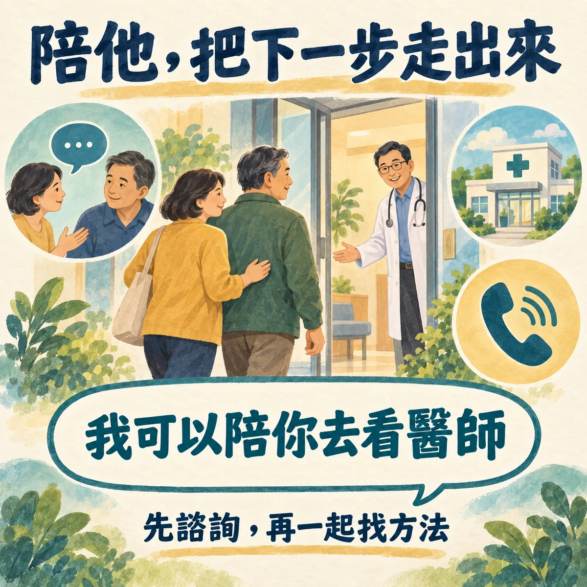 家人陪伴當事人前往醫療院所諮詢，溫和地說：我可以陪你去看醫師。