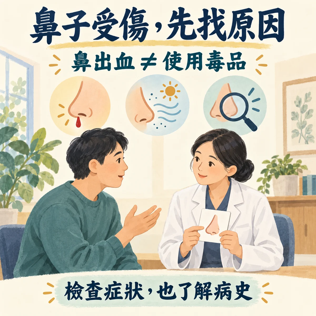 鼻子受傷先找原因；鼻出血不等於使用毒品，應檢查症狀並了解病史。