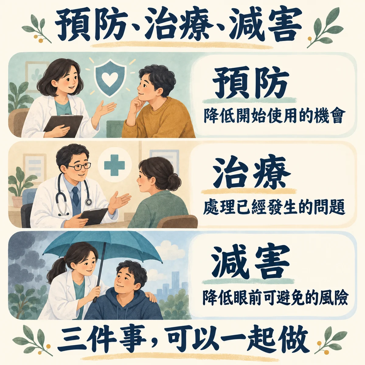 三個並列畫面：預防降低開始使用的機會；治療處理已經發生的問題；減害降低眼前可避免的風險。三件事可以一起做。