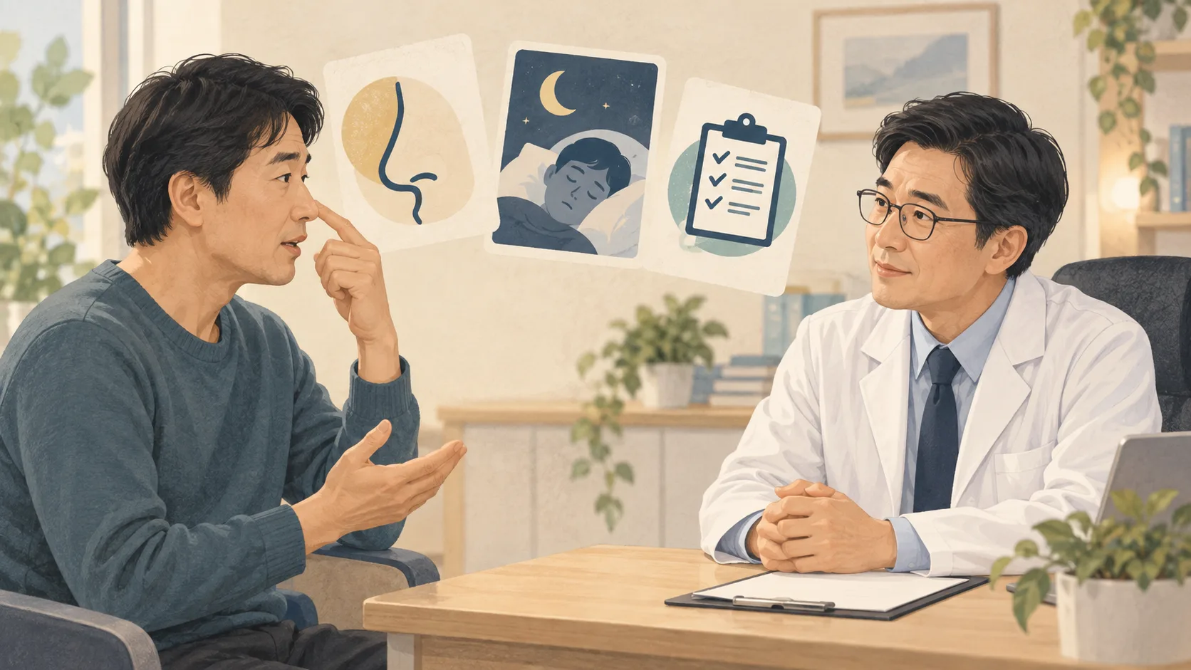 情境插畫：患者向醫師說明鼻部不適，搭配鼻子、睡眠與評估圖示