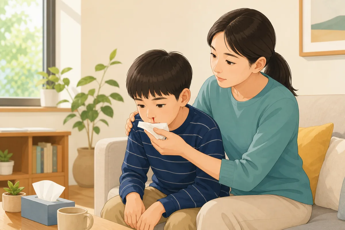 家長協助流鼻血孩子坐直前傾，以紙巾在鼻孔下方承接血液