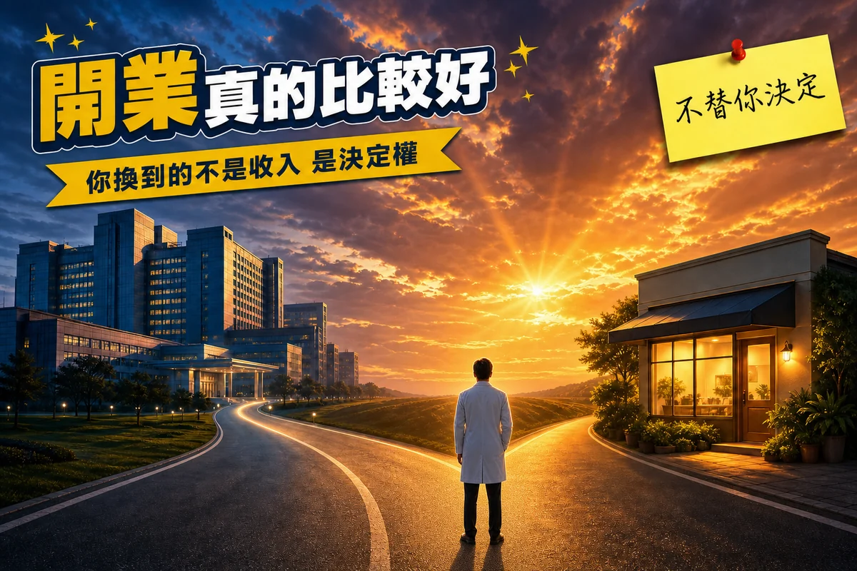 一位穿白袍的醫師背對鏡頭站在岔路口，左邊那條路通往燈火通明的大型醫院，右邊那條路通往一間亮著暖光的獨立診所，天空是日出的橘色，標題寫著「開業真的比較好」與「你換到的不是收入，是決定權」
