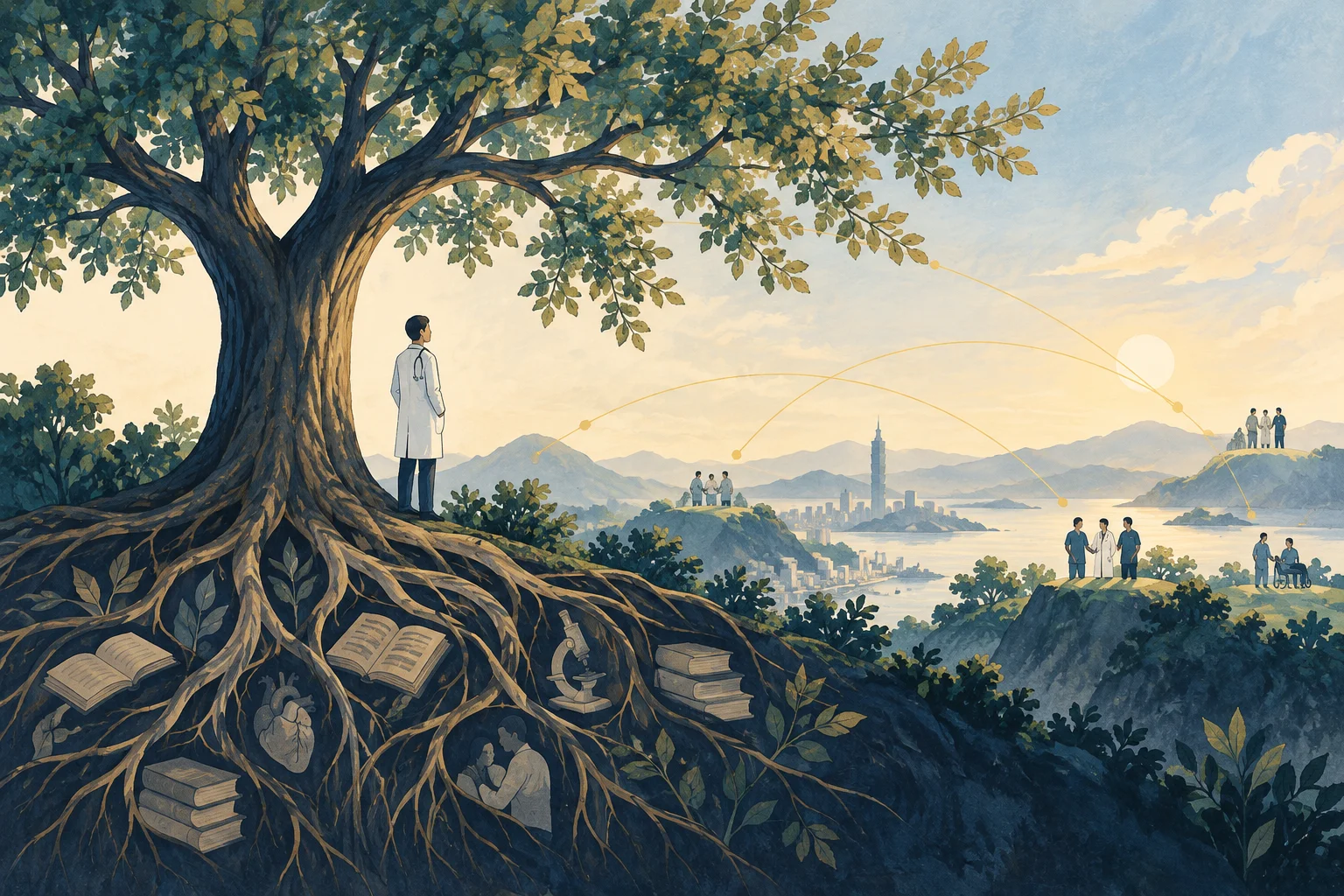 概念插畫：醫師站在根系連結書籍與知識的大樹旁，遠方是合作夥伴與開闊的風景