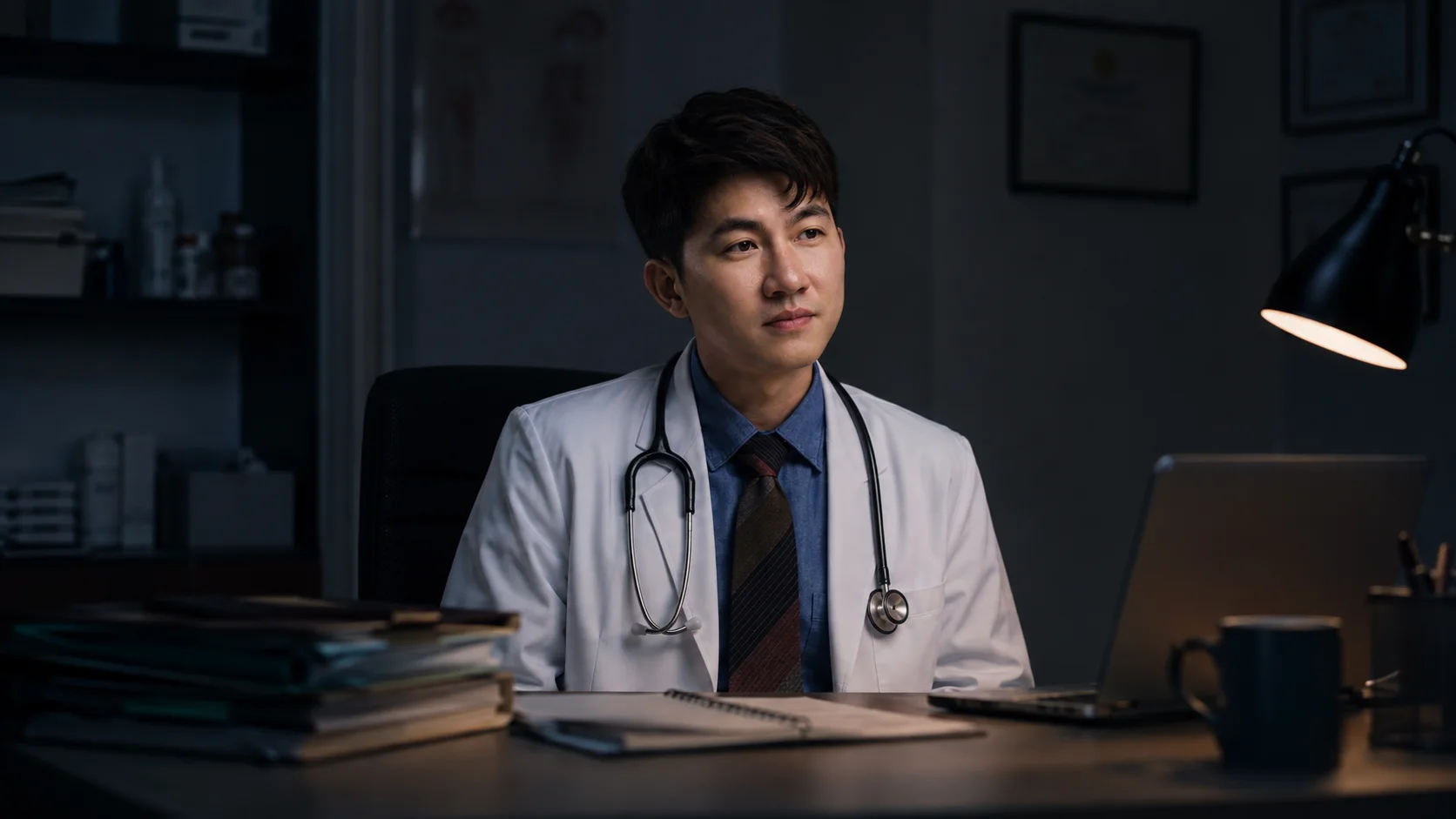 張益豪醫師穿著醫師袍，在昏暗診間下診後整理診所經營與教學筆記的 AI 形象圖