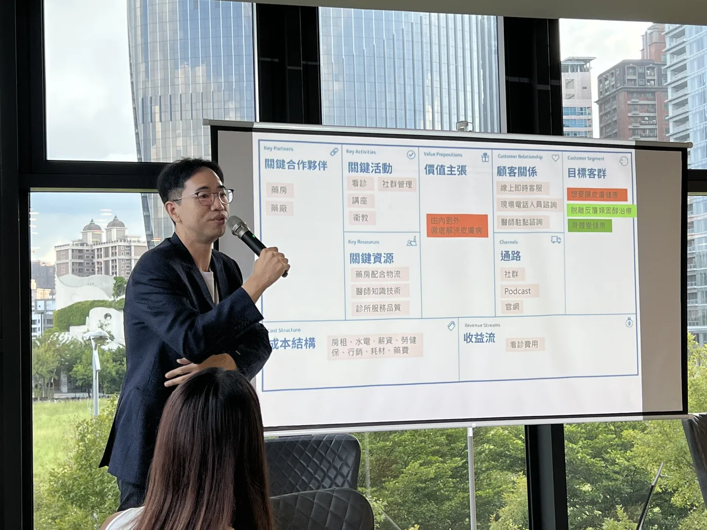 講者站在顯示彩色矩陣圖的投影片旁分享
