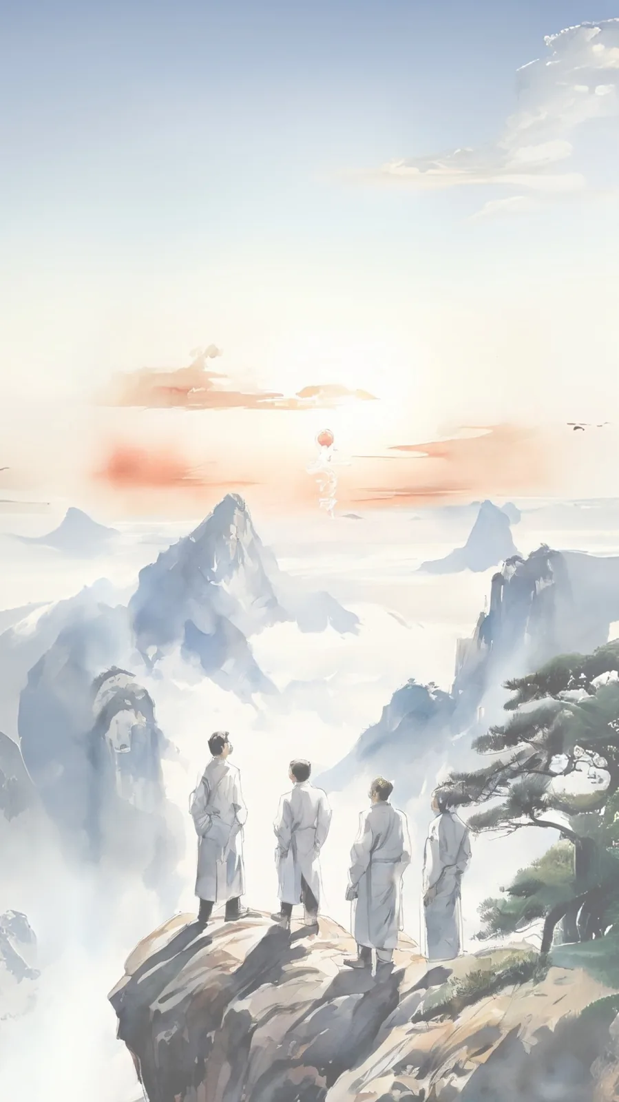華山論劍活動海報：四位穿白袍的人站在山巔，望向雲海與日出的水墨畫