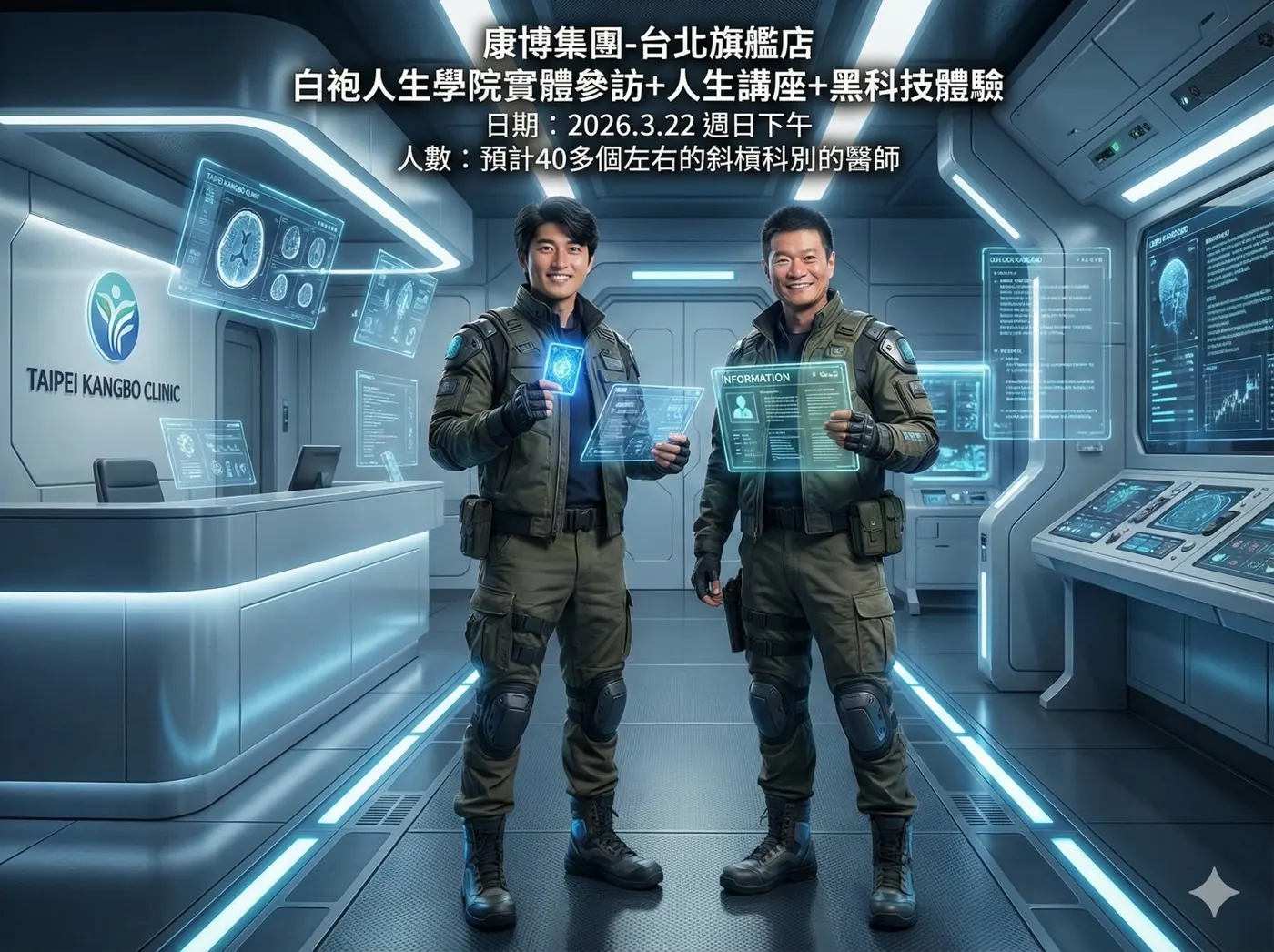 AI 合成的活動意象圖（非實景）：科幻風格的診所大廳，標題寫著康博集團-台北旗艦店、白袍人生學院實體參訪＋人生講座＋黑科技體驗、2026.3.22 週日下午