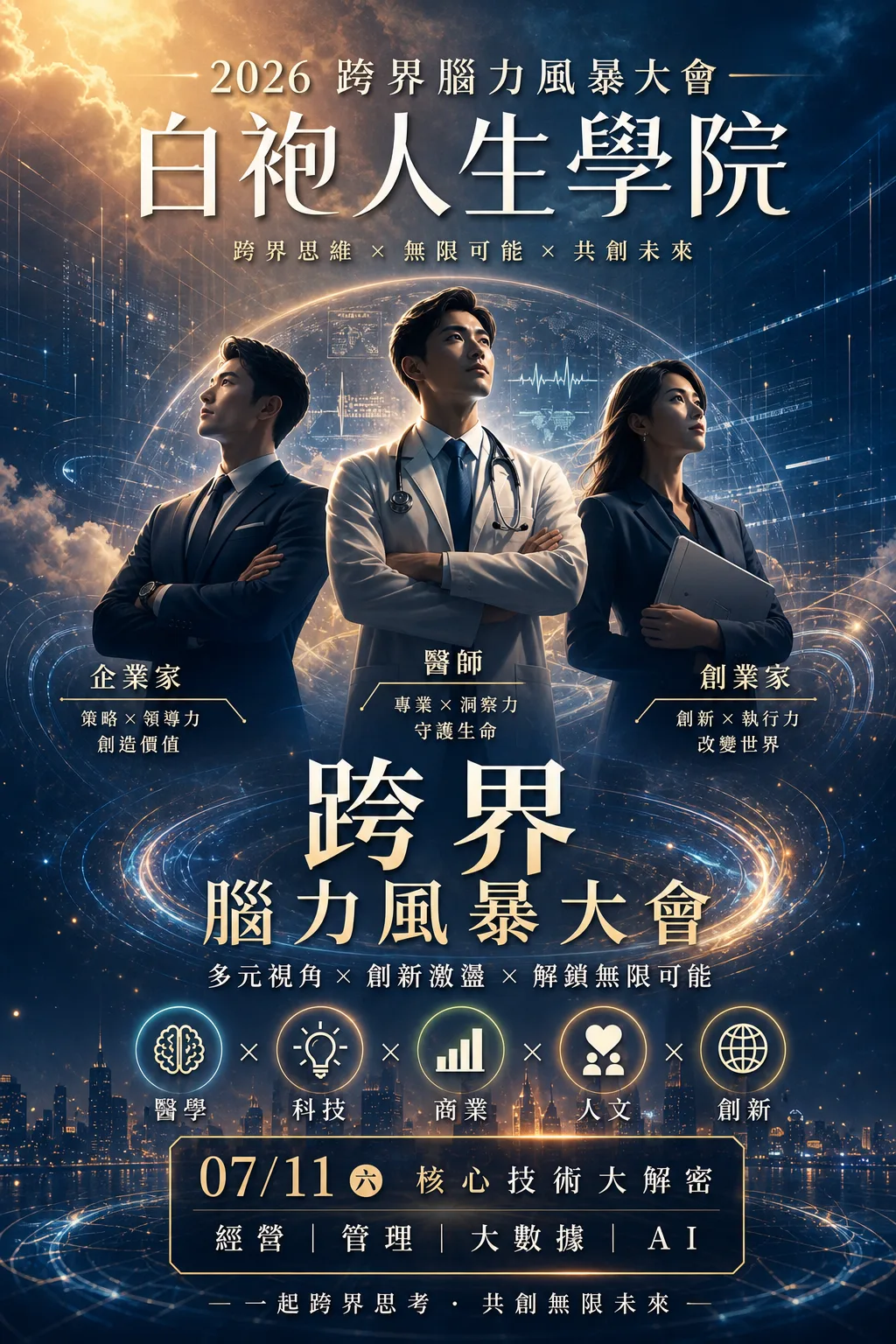 2026 跨界腦力風暴大會主視覺，呈現醫學、科技、商業、人文與創新五個主題