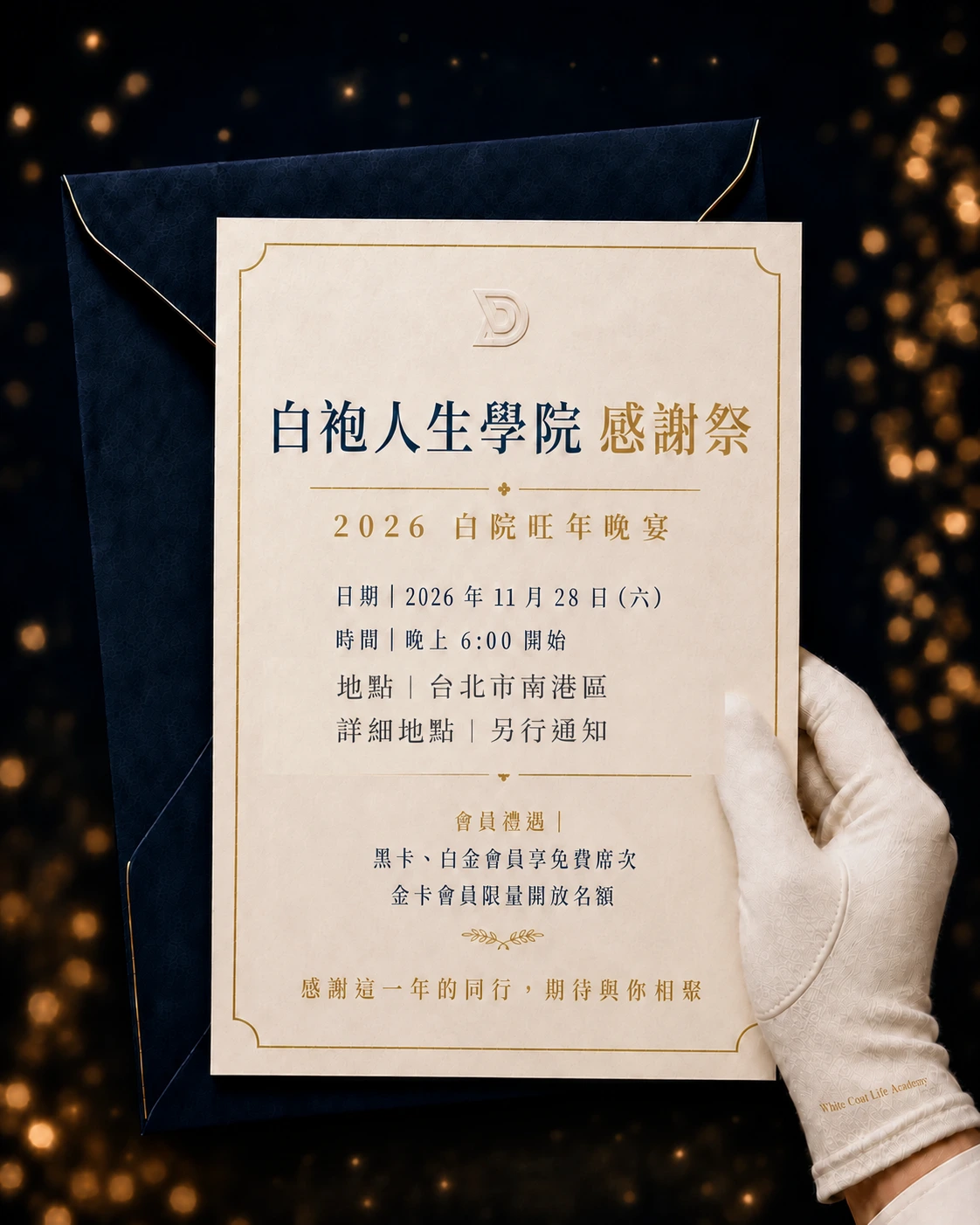 白袍人生學院感謝祭 2026 白院旺年晚宴邀請卡：2026 年 11 月 28 日（六）晚上六點，台北市南港區，詳細地點另行通知