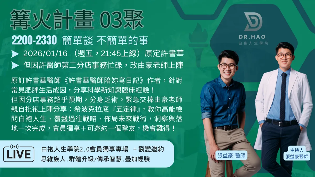 篝火計畫 03 聚主視覺海報：2026 年 1 月 16 日，張益豪醫師主講希波克拉底五定律