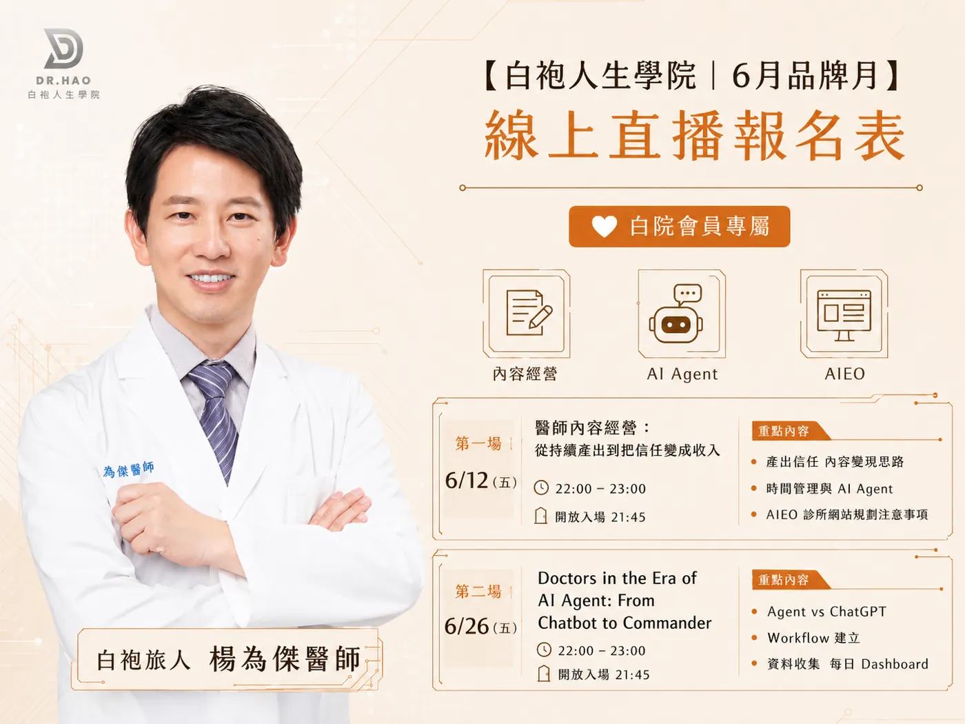 白袍人生學院 2026 年 6 月品牌月主視覺：白袍旅人楊為傑醫師兩場直播，內容經營、AI Agent、AIEO