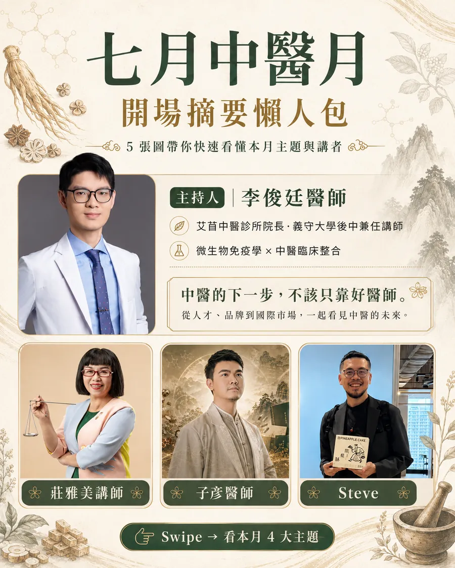 七月中醫月開場摘要懶人包封面，主持人李俊廷醫師