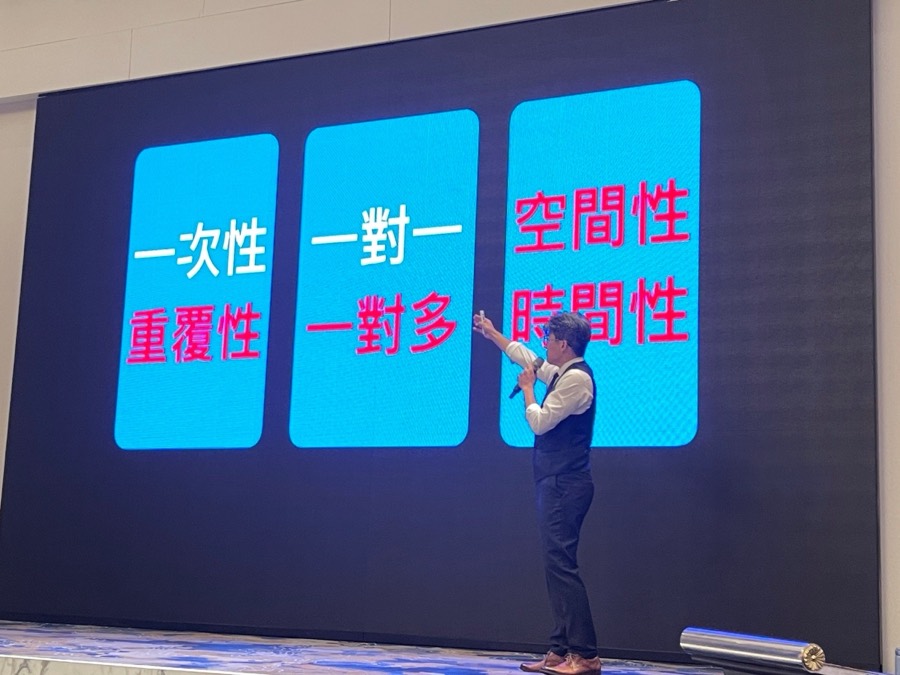 張益豪醫師於大型講座舞台演講，大螢幕呈現醫療溝通框架