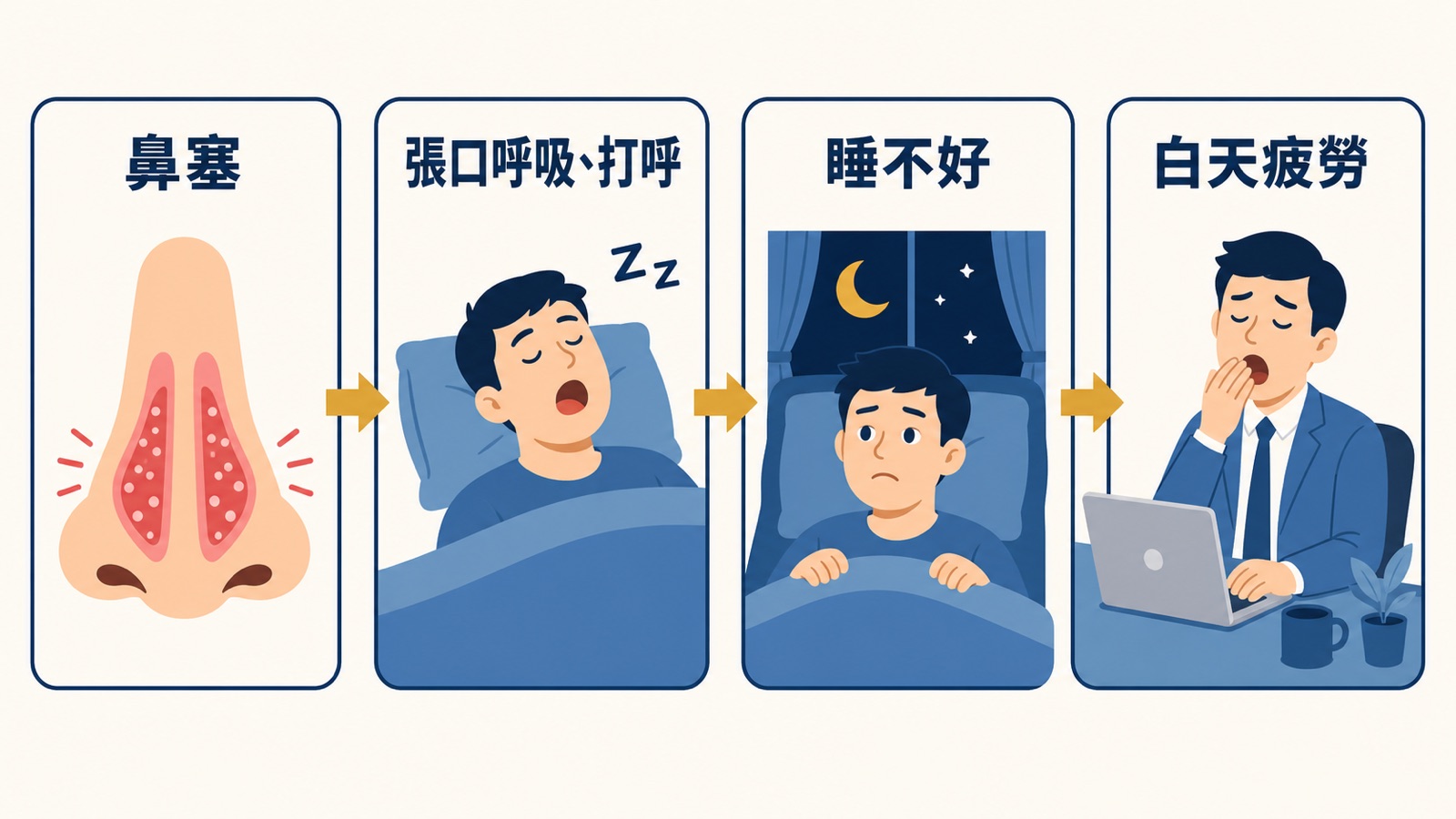 鼻塞影響睡眠的連鎖反應示意圖：鼻塞導致睡覺時張口呼吸與打呼，進而睡不好，最後造成白天疲勞、注意力下降