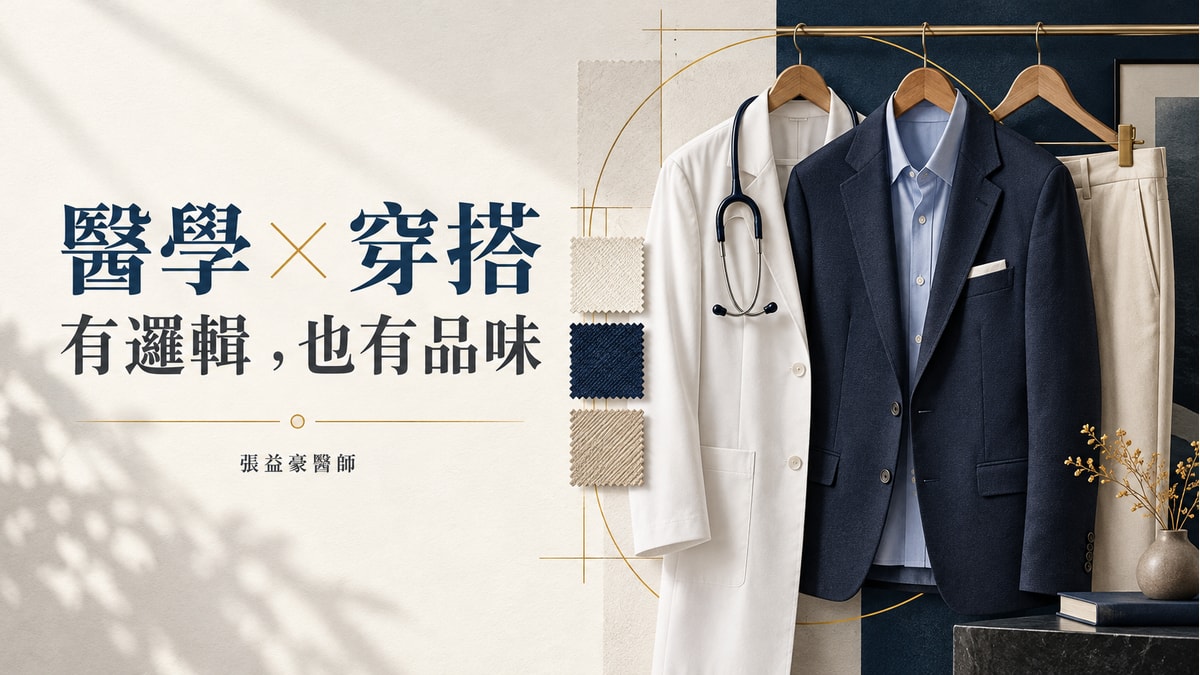 醫學 × 穿搭：有邏輯，也有品味。白袍、聽診器與深藍西裝並列，搭配米色布料與金色線條。